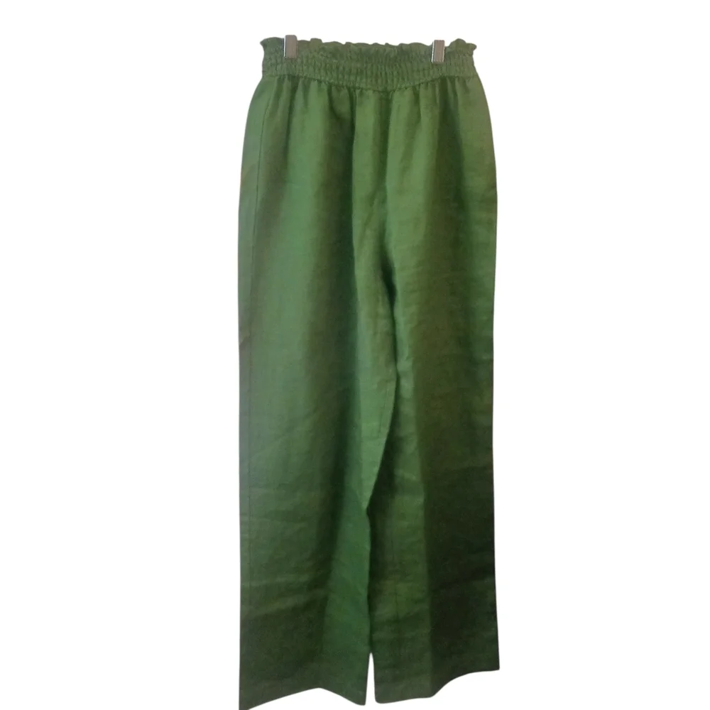 REFORMATION Vera Linen 2 piece SET Palm Green Ruched Cropped Natural Fabric 4